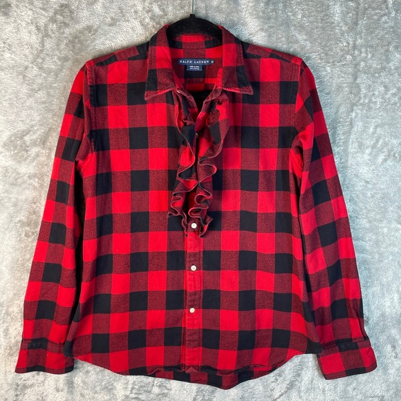Ralph Lauren Tops - Ralph Lauren Ruffle Flannel Shirt Womens 12 Red Black Buffalo Plaid Very Good